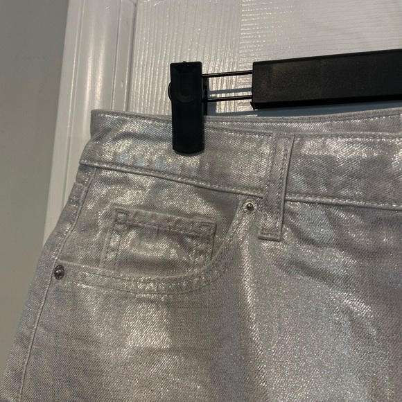 NWT Old Navy Size 10 Silver Shine Metallic Zip Stretch Denim A Line Mini Skirt - Picture 3 of 12